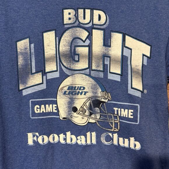 Bud Light Football Club Men's Small Blue Graphic T-Shirt Game Time 82 Dbl Sided - Picture 2 of 6